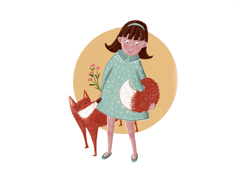 Una bimba con vestito verdemare e una volpe rossa a fianco
