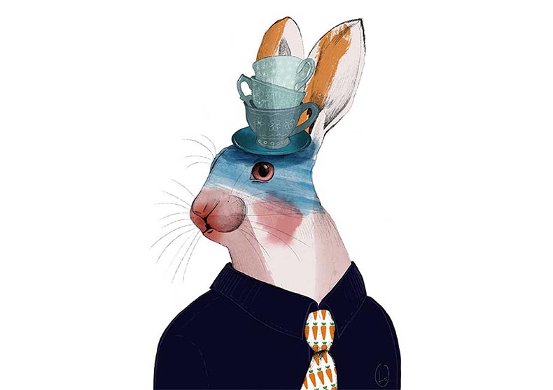 Illustrazione di coniglio antropomorfo con tazze colorate sulla testa