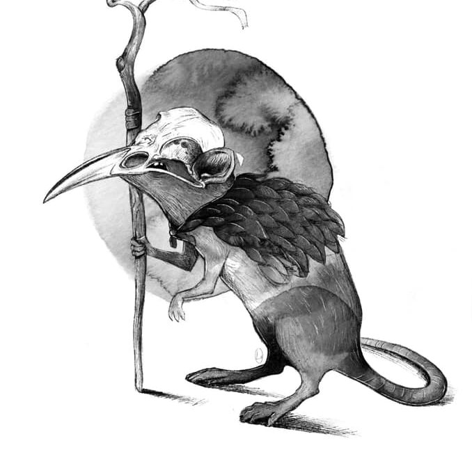 Un topolino antropomorfo che indossa una pelliccia di piume e un teschio come elmetto e impugna un bastone