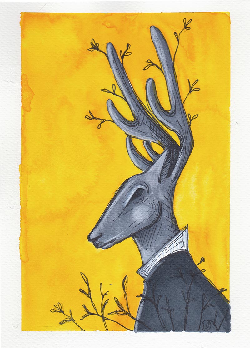 Cervo antropomorfo con corna fiorite su sfondo giallo