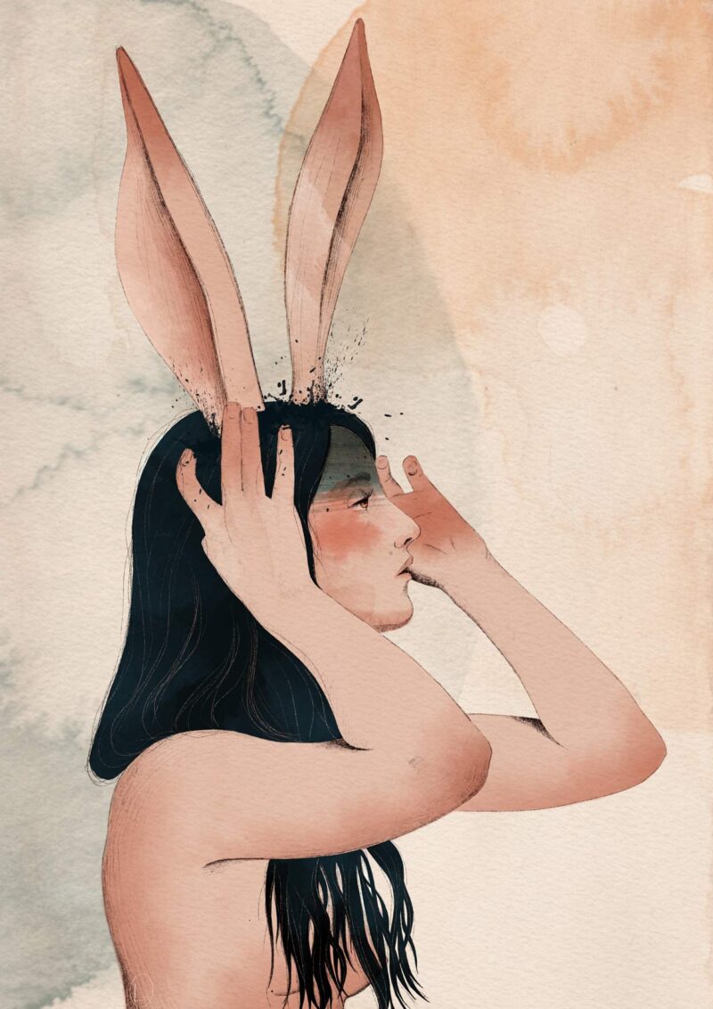 nude girl that has head in hands and has long rabbit ears