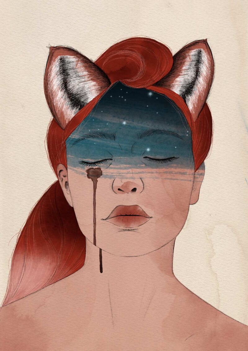 portrait of a girl with hair similar to a fox tail and foxy ears