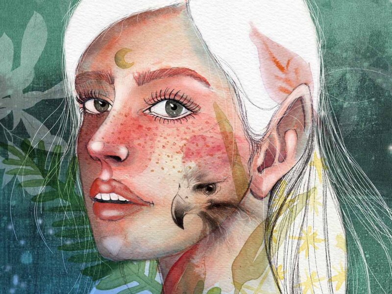 Portrait of elf girl with freckles and nature elements in background