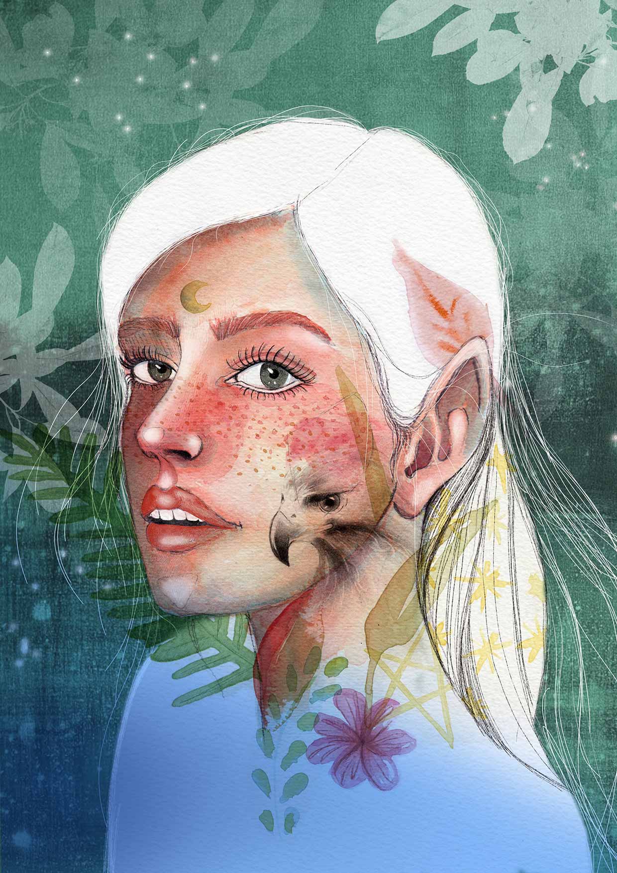 Portrait of elf girl with freckles and nature elements in background