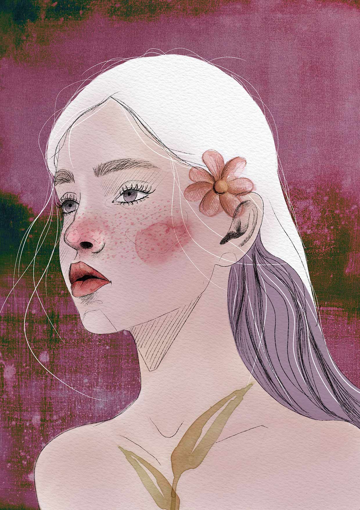 Portrait of a girl with white and violet hair and a flower in the ear