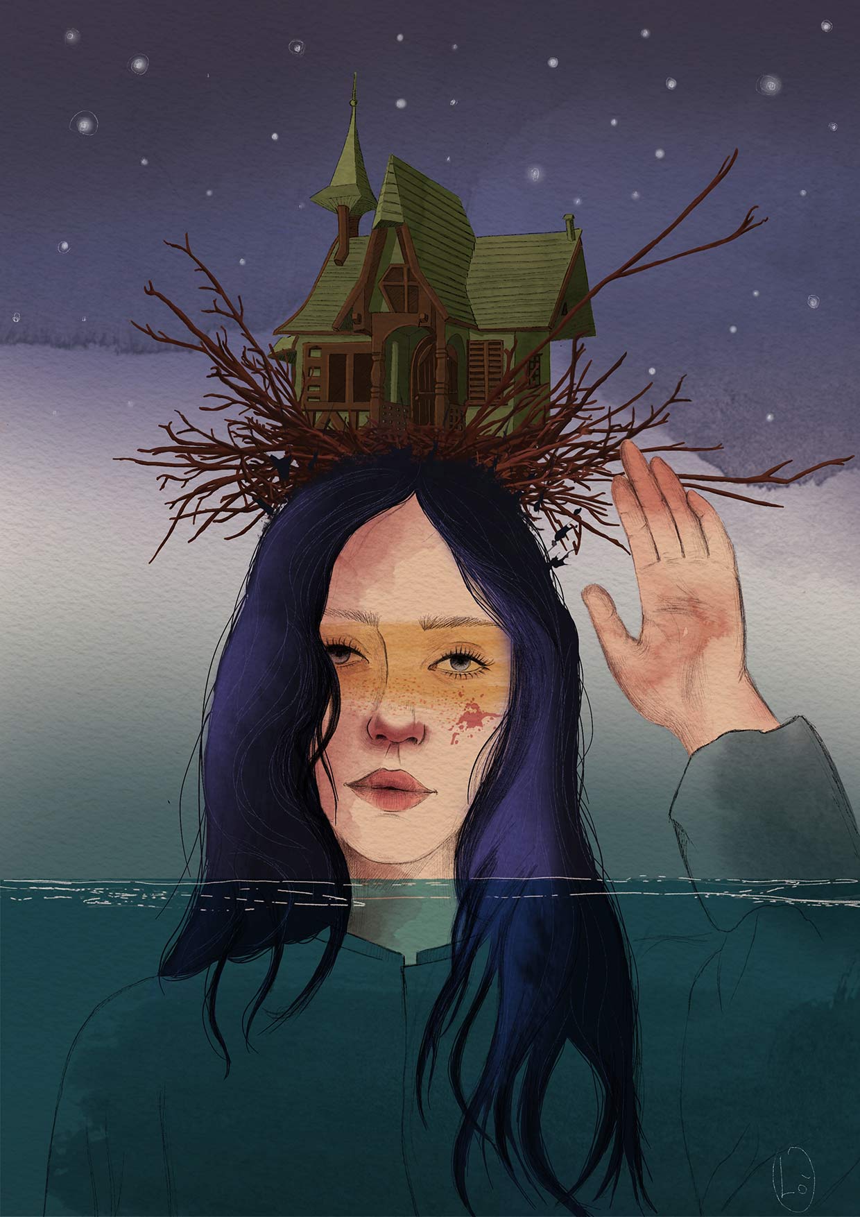 Portrait of a girl with black and violet hair and a nest-house on the head